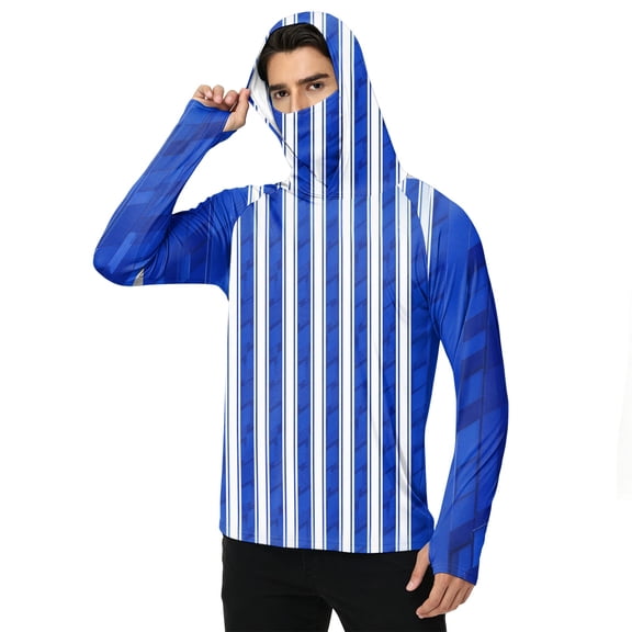 LTTVQM Light Thin Summer Outdoor Sun Pullover for Men Hooded Built-in Neck Mask Loose Cut Saltwater Fishing Hiking Shirt Blue S
