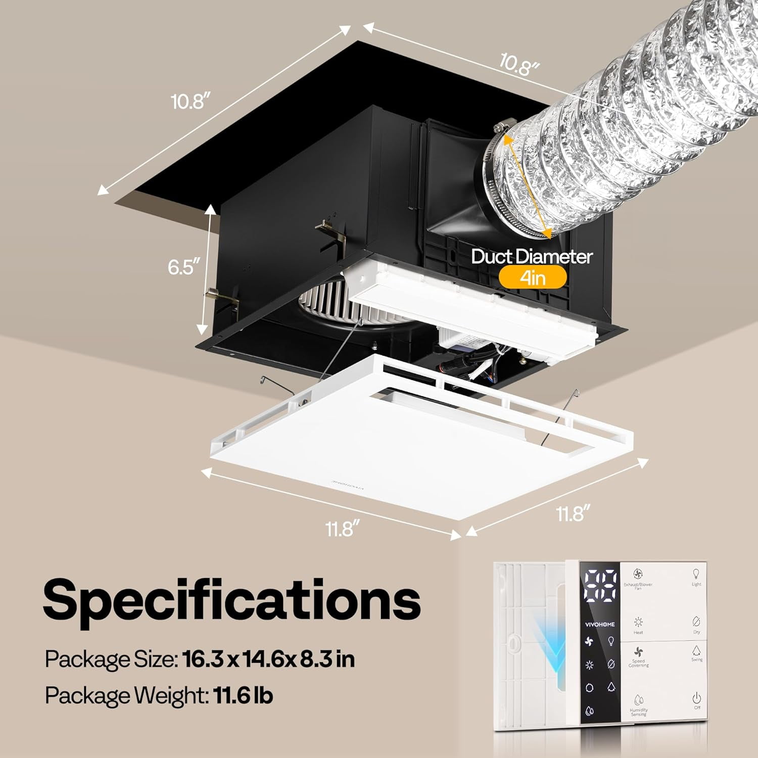 SPECSTAR Bathroom Exhaust Fan with 1800W PTC Heater, Humidity Sensor & LED Light, Ceiling Mount Ventilation Fan, 140 CFM, 3 Color Temperatures, Remote Control, Oscillating Louver