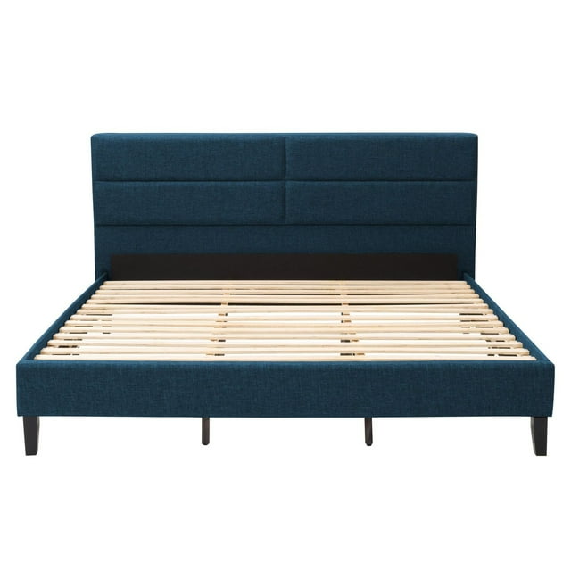 King size CorLiving Bellevue upholstered bed frame in blue with rectangular tufted headboard and wooden slats, designed for use without a box spring.