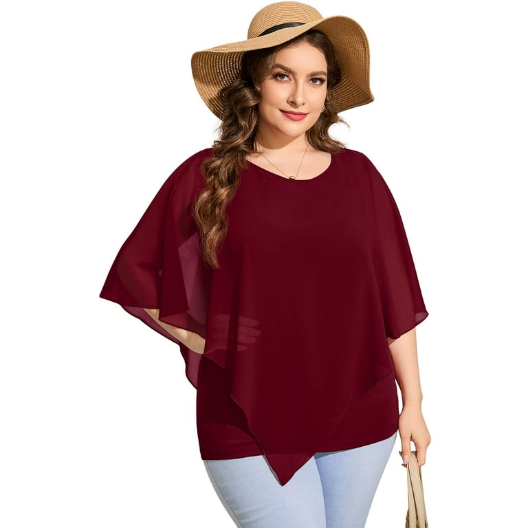 Cueply Plus Size Tops for Womens Summer Tops Dressy Causal Chiffon Blouses  Short Sleeve Crew Neck Shirts