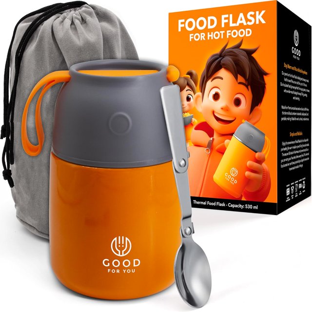 Insulated Food Flask - 530ml Stainless Steel Jar for Hot and Cold Meals – Double-Wall Insulation, Thermal Food Container for School, Office, Travel, Camping - Foldable Spoon, Bag - Orange - 24.7 oz…