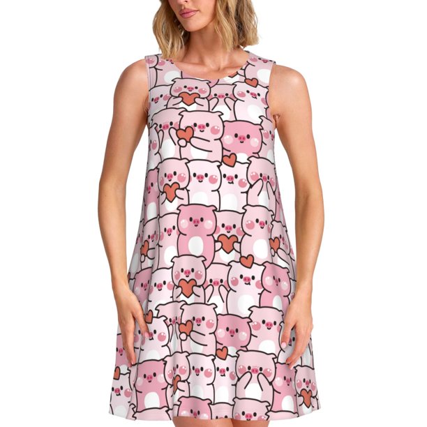 Disketp Kawaii Pig para Vestido sin Mangas para Mujeres, Vestidos de Verano para Mujeres, Casual y Holgado para la Playa
