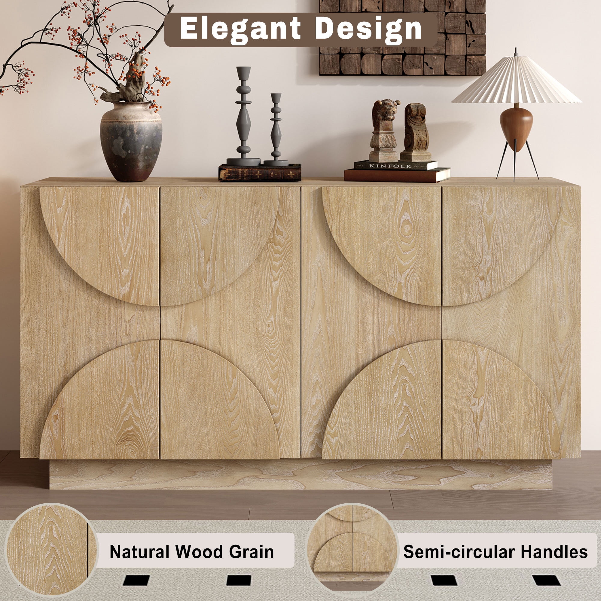 EUROCO 56.3" Large Storage Sideboard,Wood Buffet Cabinet with Adjustable Shelves,4 Doors and Semi-Circular Handles for Kitchen,Living Room,Natural
