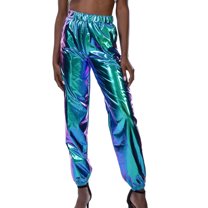 SWSMCLT Women's Casual Metallic Pants Shiny Hot Dance Casual Pants Long Trousers Halloween Stretch Elastic Waist Blue Large