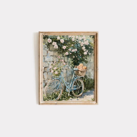 Miluva Blue Bicycle Print Chateaucore Wall Art, French Countryside Bike With Flowers & Bread, Vintage Garden Decor, Cozy Cottage Digital Art ,Decor For Living Room Bedroom, 8x12 UNFRAMED