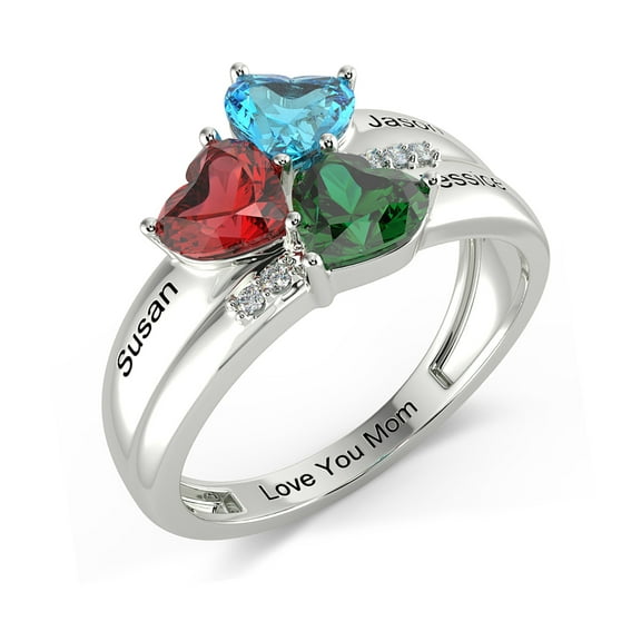 Mementos USA Personalized Family Mother's Ring  Sterling Silver  with 3 Birthstone & Name