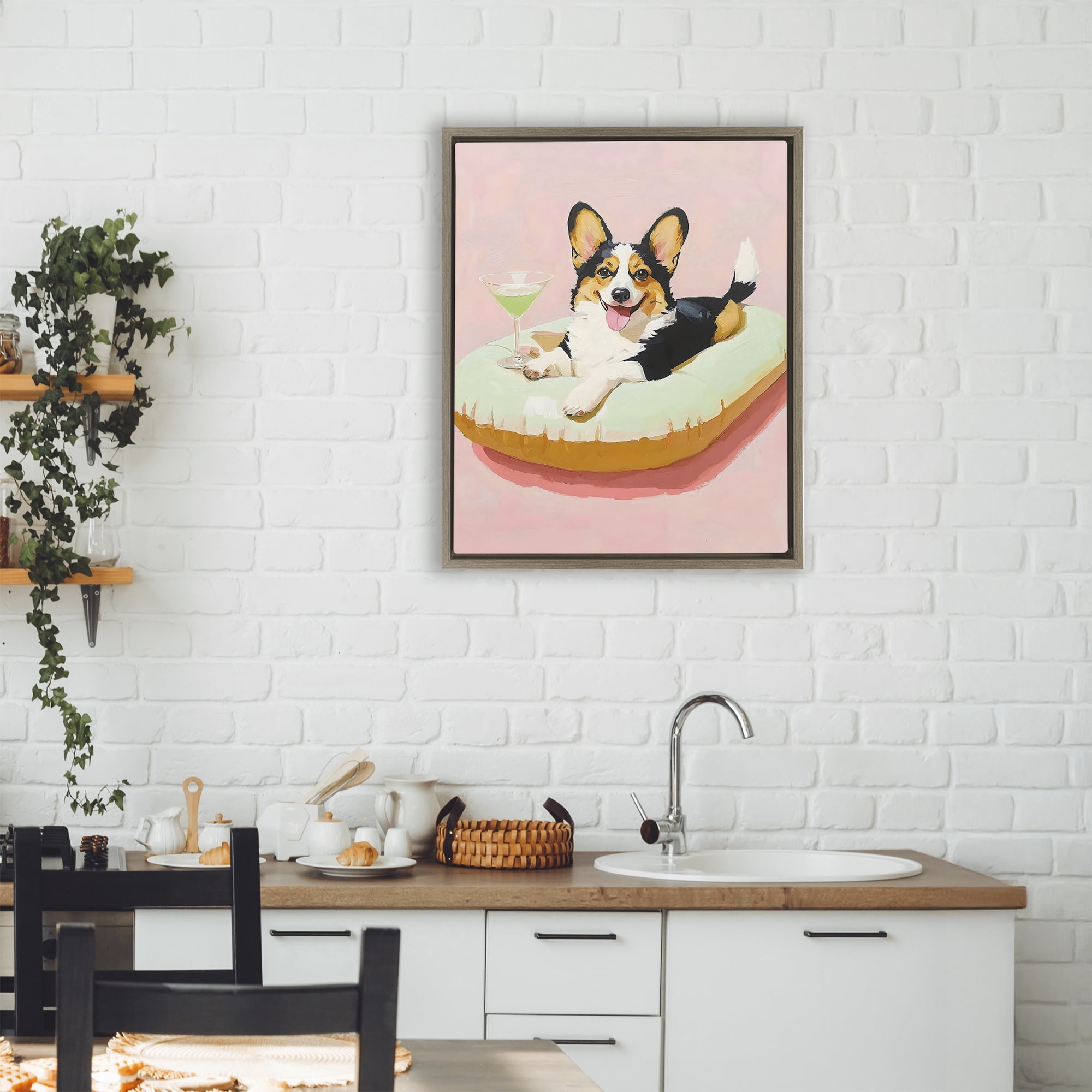 Stupell Industries Pastel Corgi with Cocktail Brown Framed Floater Canvas Wall Art, design by The Prints Vibe