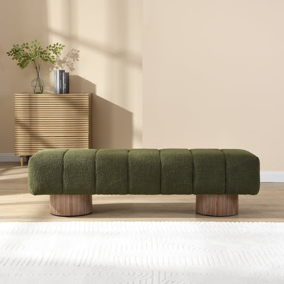 Upholstered Dining Bench, Green Boucle Fabric, No Assembly, 300 LBS Weight Capacity, Ottoman for Bedroom Entryway Living Room
