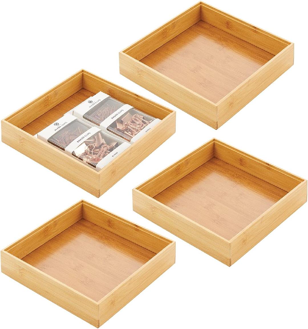 Bamboo Wood Square Storage Bin Box Organizer for Office, Desk and