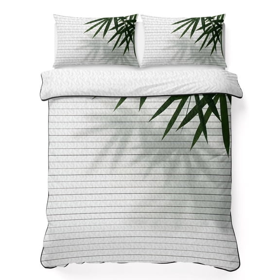 Quilts Queen Size Bedding Set, Bam Boo Leaf Lightweight Quilted Comforter, Japanese Zen Plants Minimalist Art Soft Reversible Bedspread Coverlet with Pillow Covers for All Season, 90" x 96"