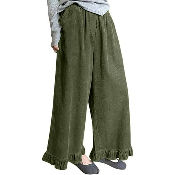 Wide Leg Pants Woman Sevevn Womens Corduroy Pants Wide Leg Ruffled Hem Elastic Waist Lounge Cord Pants with Pockets