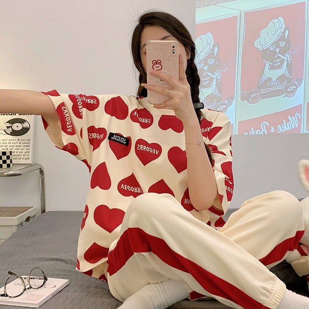 Pijamas finos de verano para mujer, pantalones holgados informales de manga corta, traje de verano para exteriores, ropa de algodón para el hogar