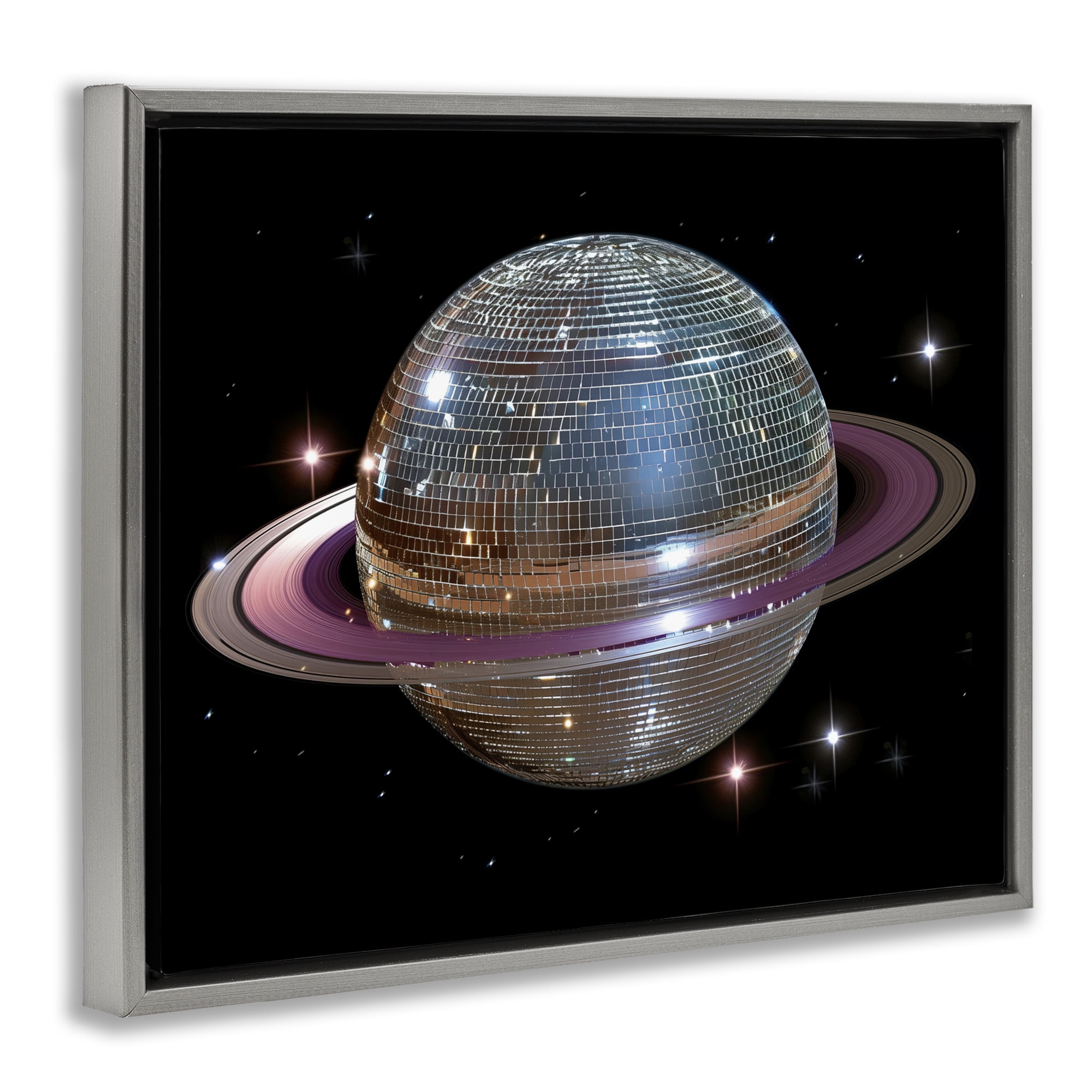 Purple Disco Ball Planet Gray Framed Floater Canvas Wall Art, design by Decent Exposures