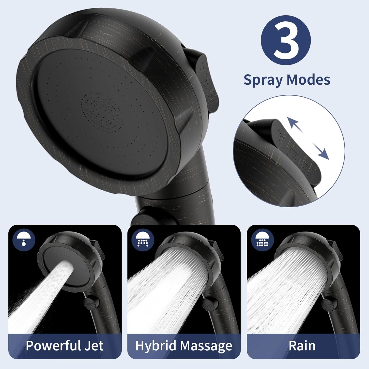 High Pressure Shower Head with Pause Button, 3 Spray Modes Shower Head for RV Camper, Water Saving On Off Shower, Handheld Shower Head with Hose and Holder (Oil-Rubbed Bronze)