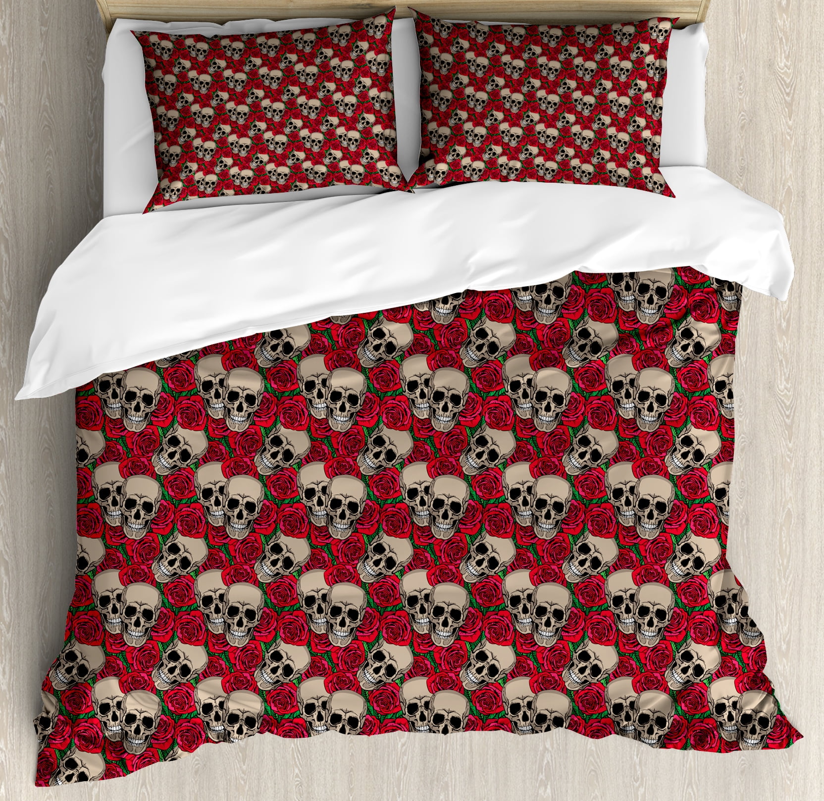 Rose King Size Duvet Cover Set Graphic Skulls And Red Blossoms Rose King Size Duvet Cover Set Graphic Skulls And Red Blossoms Inspired Retro Gothic Pattern Decorative 3 Piece Bedding With 2 Pillow