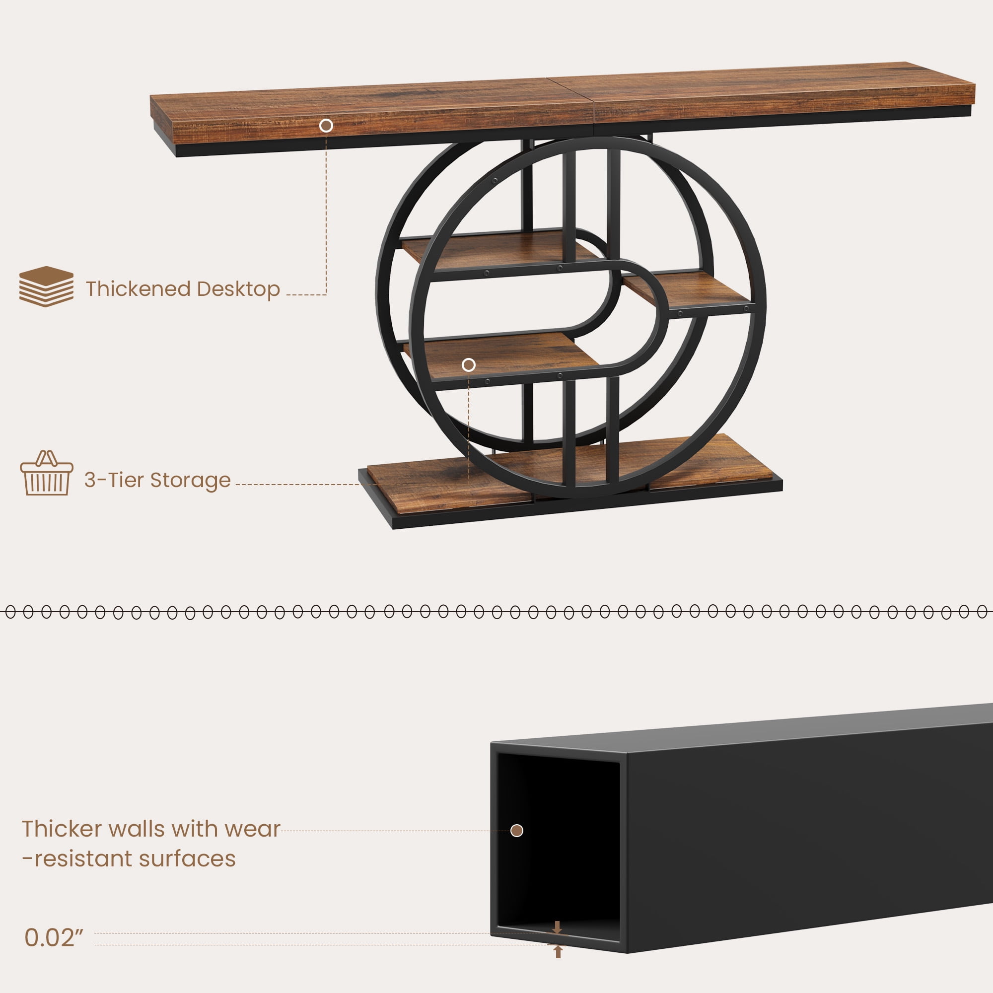 Console Table 55 Inch, Sofa Table with 3-Tier Storage Shelves and O-Shaped Metal Frame, Narrow Entryway Table for Dining Room, Hallway & Living Room