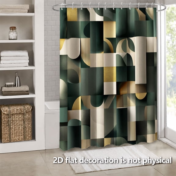 Hoease Dark Green Gold Geometric 3D Patchwork Shower Curtain, 71W x 66L Inch Waterproof Fabric Bathroom Curtain with 12 Hooks, Modern Minimalist Bathroom Decor