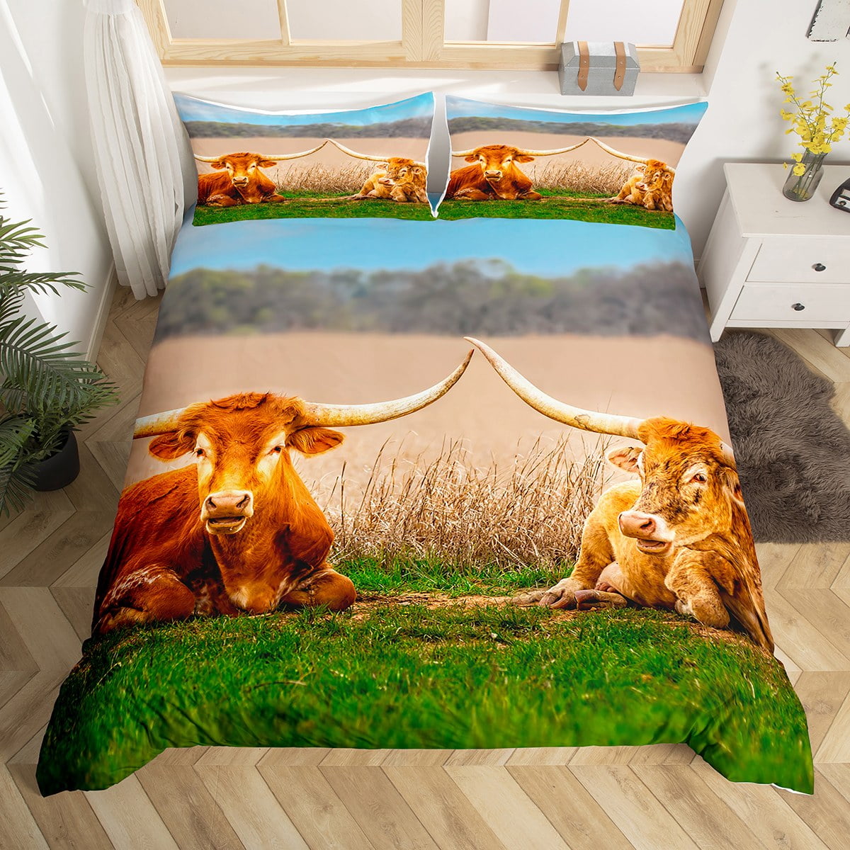 Longhorn Cow Bedding Set Full Size,Western Funny Animals Duvet Cover