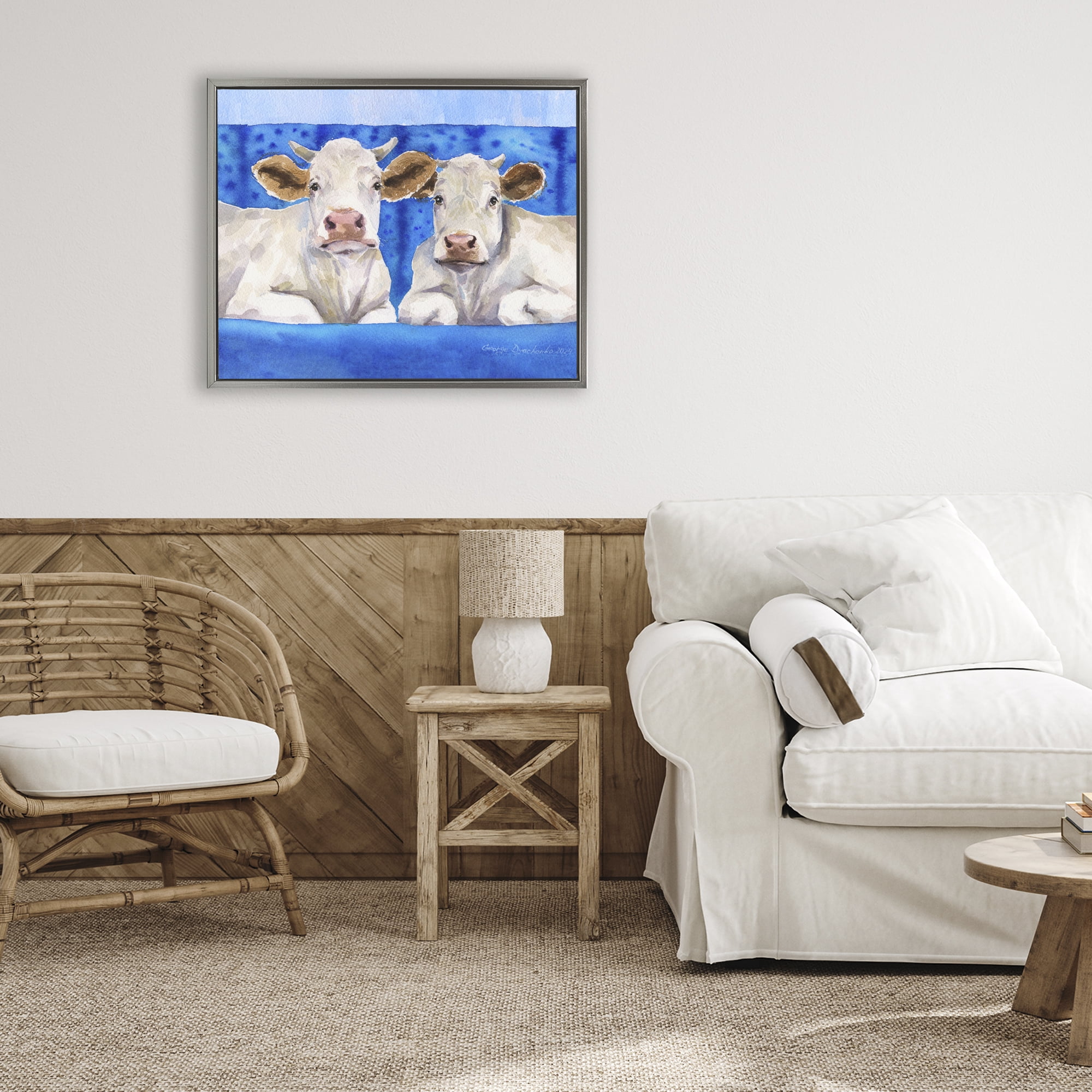 Stupell Industries White Cows on Blue Sofa Gray Framed Floater Canvas Wall Art, design by George Dyachenko