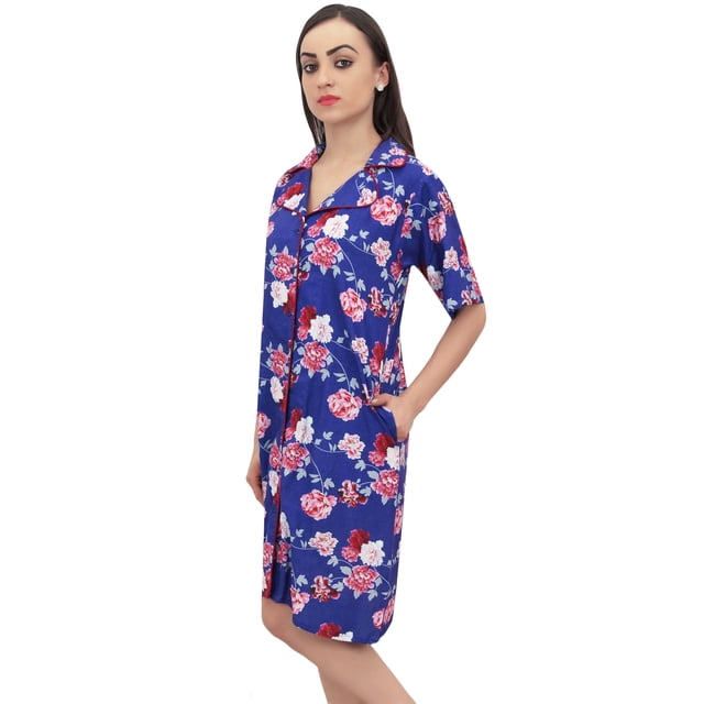 Bimba Chemise de Nuit à Col Rabattu Imprimé Floral Bleu Royal pour Femmes - 18