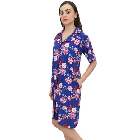 

Bimba Royal Blue Floral Print Women Turn-Down Collar Sleepshirt Night Dress - 26