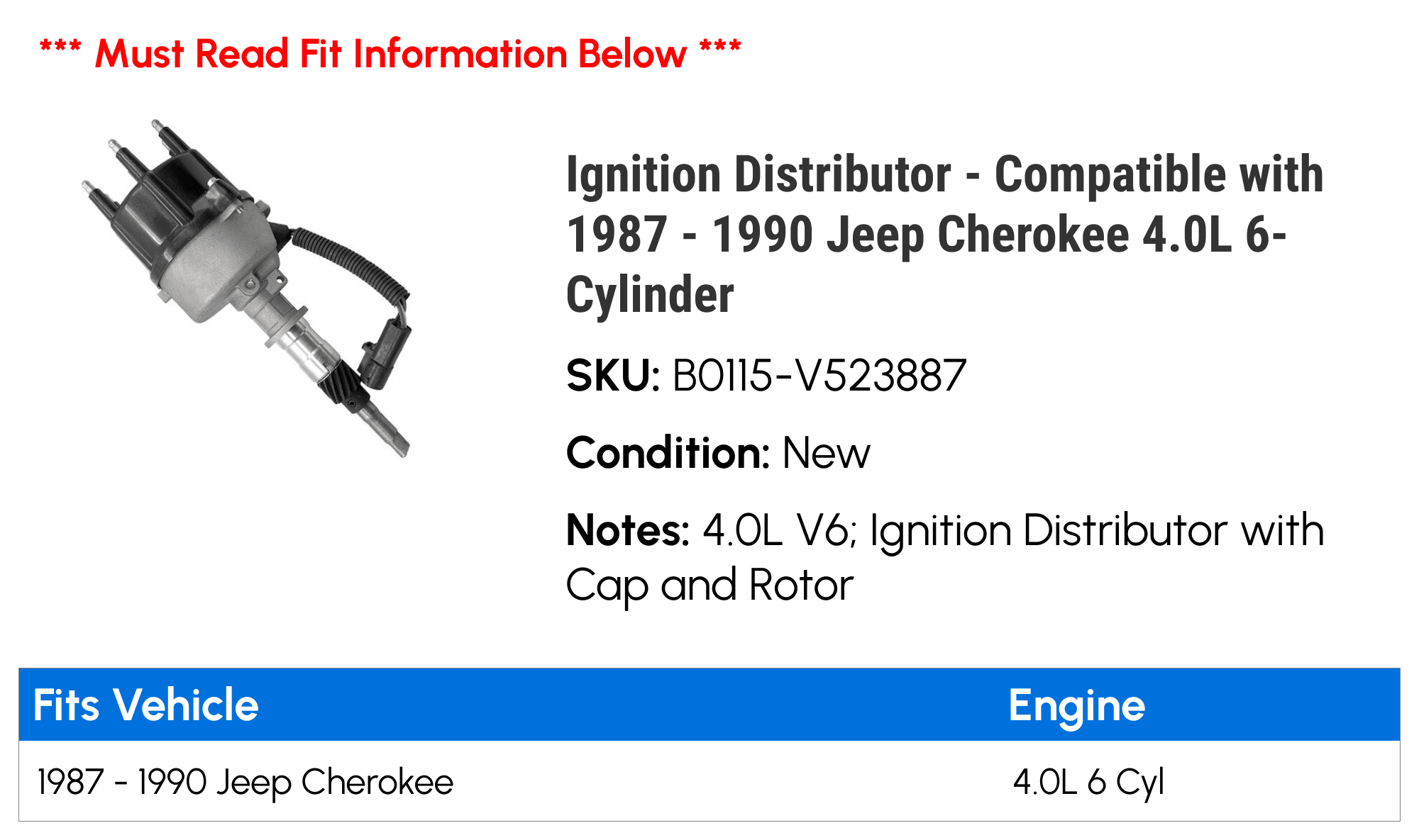 Ignition Distributor - Compatible with 1987 - 1990 Jeep Cherokee 4.0L 6-Cylinder 1988 1989