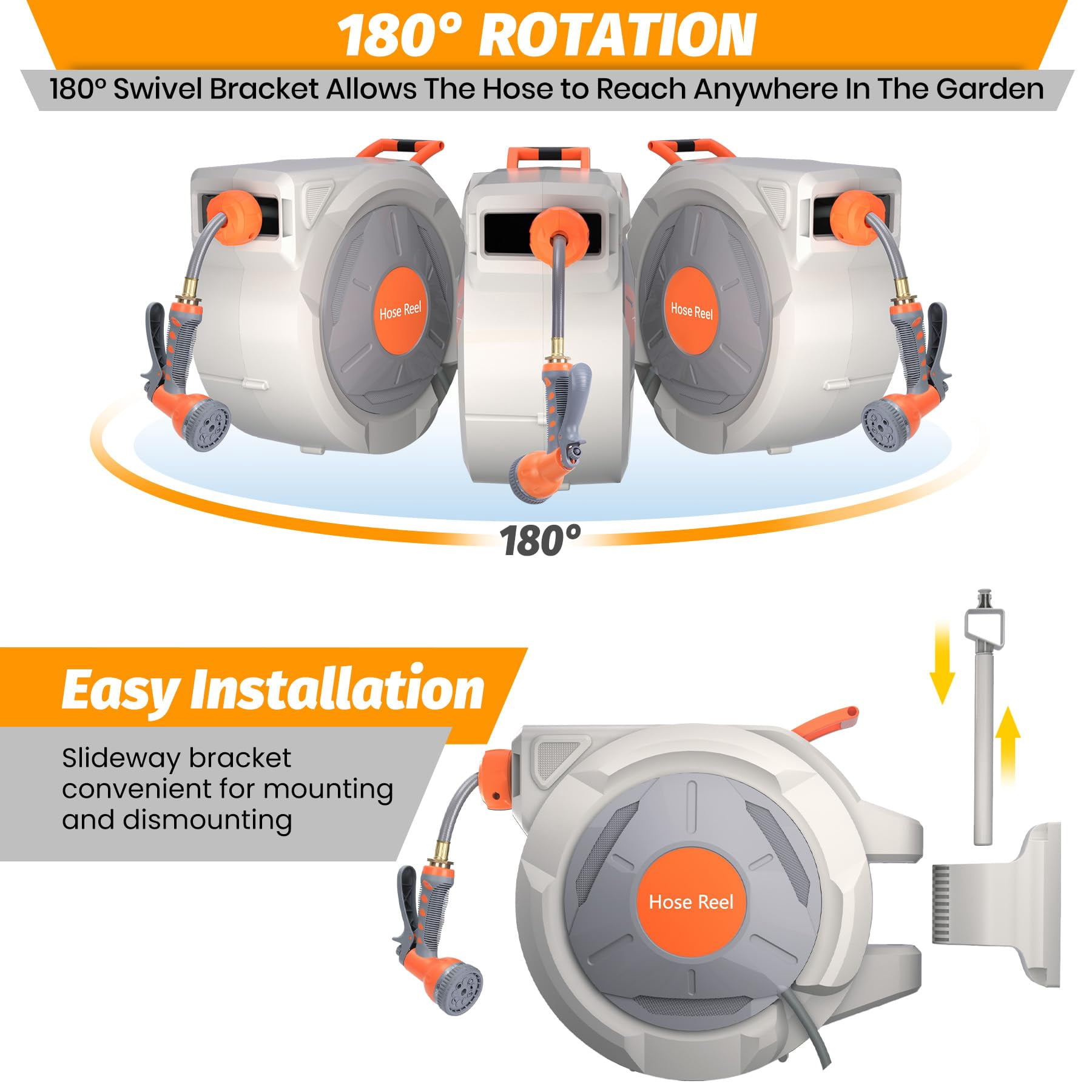 Retractable Garden Hose Reel, with 9 Patterns Nozzle, Any Length Lock, Upgraded Slow Return System and 180°Swivel Bracket, 5/8 Inch x 65 ft Wall Mounted