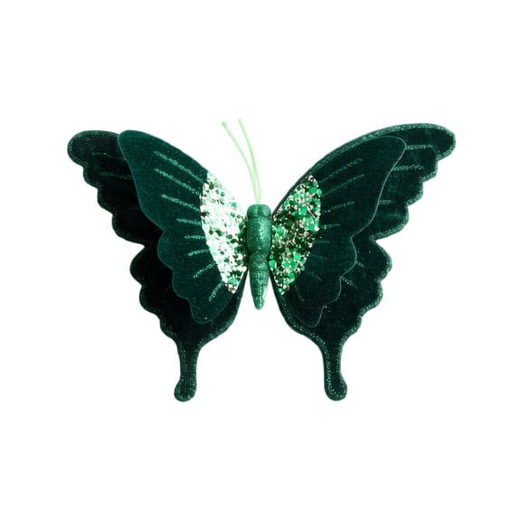 Green Christmas Velvet Butterfly Hanging Ornament, Double Layer Glitter Accent for Tree Wreath Garland Holiday Decoration