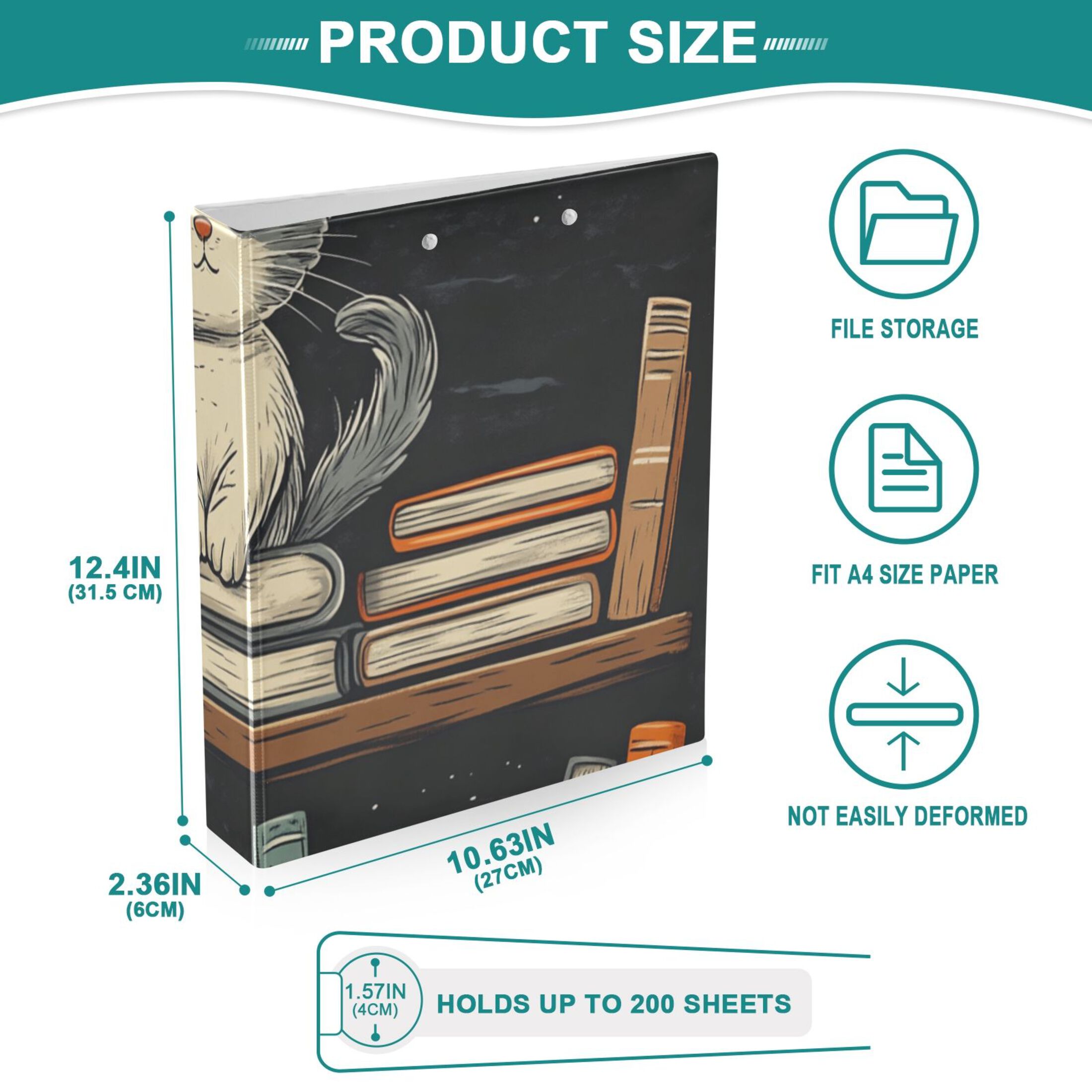 Cat in Bookshelf 3 Ring Binders 1.5 inch Hardcover File Folders with Interior Pockets A4 Size Organizer for School Office Hospital