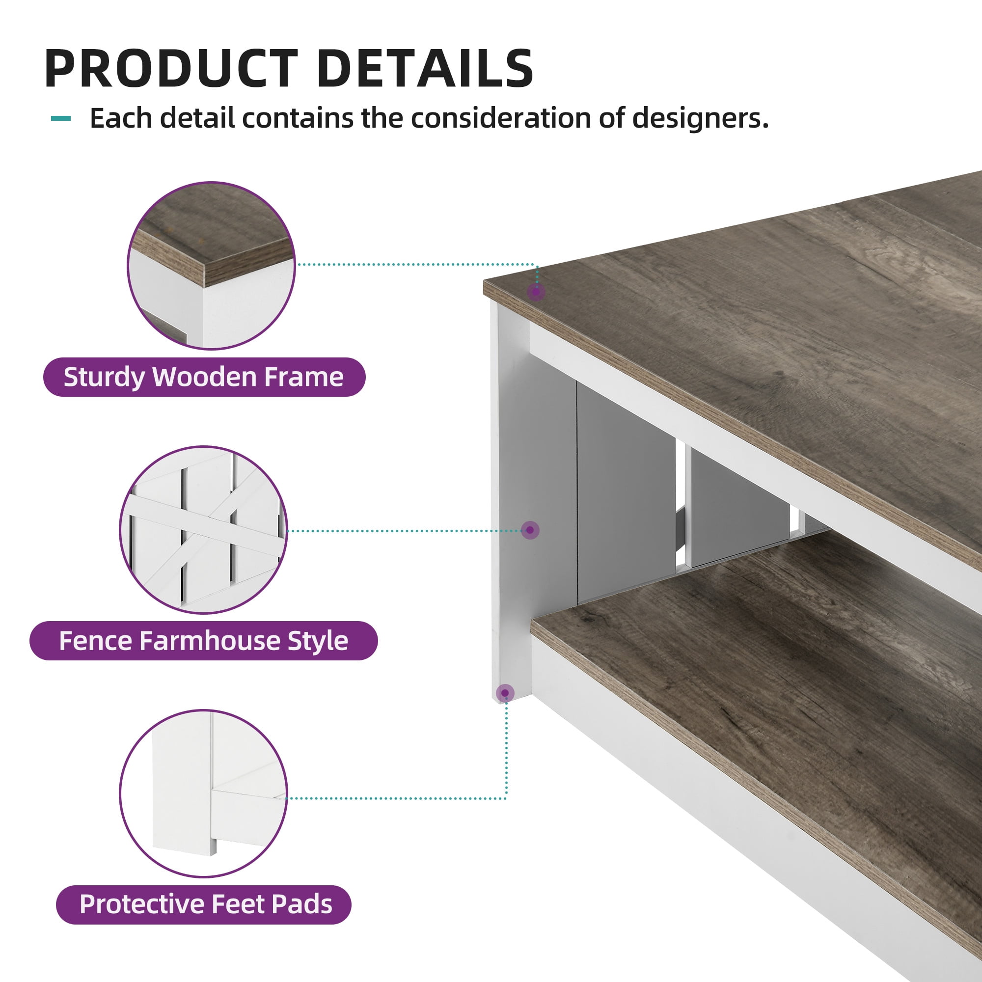 Dextrus Square Coffee Table, Farmhouse Coffee Table with Half Open Storage Compartment, Brown&White