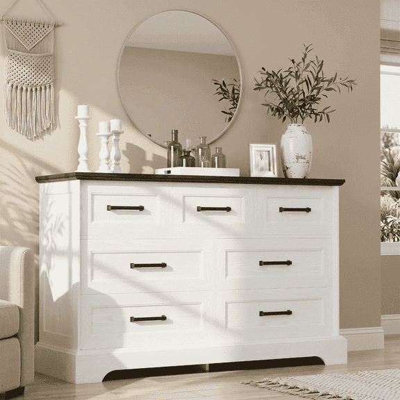 Homall Wooden 7 Drawer Dresser for Bedroom, Modern Chest of Drawers, Storage Cabinet Organizer with Metal Handles for Bedroom, Living Room and Closet, White and Brown Top