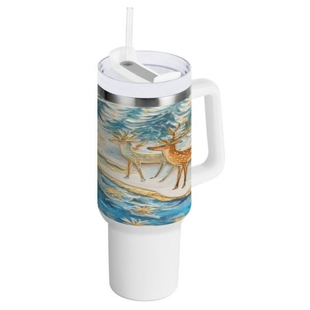 

40 Oz Car Handle Water Bottle 10.8x3.85 Inch Handle And Straw Travel Water Bottle Reusable Stainless Steel Water Bottle Christmas Water Deer
