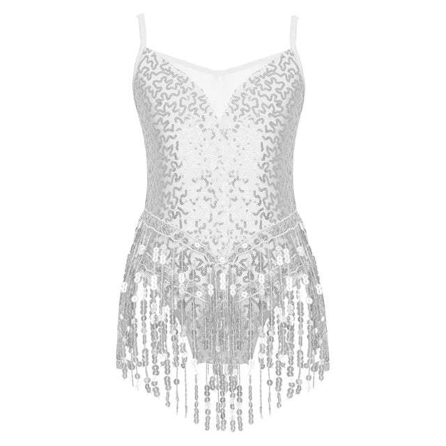 Ocealan Robe de Danse Latine à Sequins à Franges pour Filles Justaucorps Patinage Artistique Tango Rumba Samba Costume de Danse Argent 6