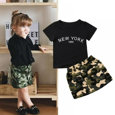 

Lovebay Toddler Baby Girl Skirt Clothes Set Short Sleeve Letter Print T-Shirt Tops+Camouflage Mini Skirt 12-24 Months
