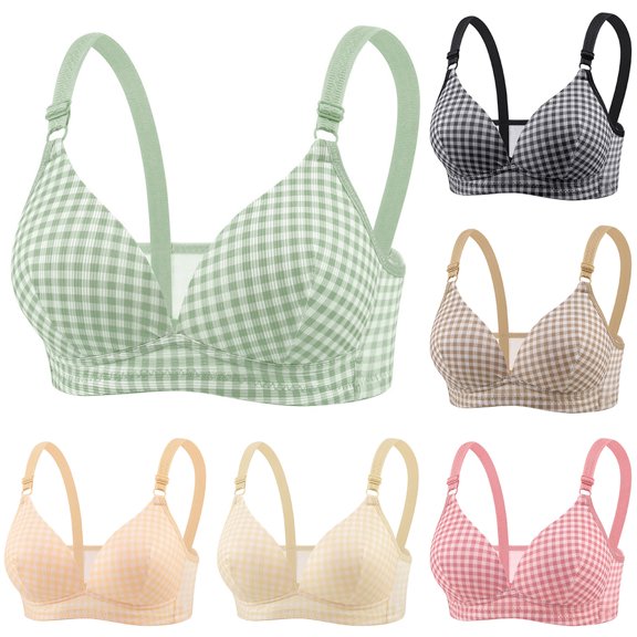 Byworldtasic Ladies Everyday Plaid Wireless Bra Ribbed V‑Neck Lightweight Bralette Adjustable Shoulder Straps Casual Bra