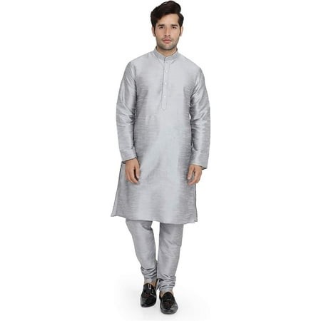

Royal Kurta Mens Raw Silk Kurta Pyjama Set Silver 38