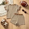 thumbnail image 4 of CUZIBR Toddler Baby Boys Summer Outfits Short Sleeve Cute Striped Rugby Football Embroidery Crewneck T Shirt Pullover Tops Elastic Waist Shorts Ribbed Beach 2 Piece Sets,Brown,12-18 Months, 4 of 7
