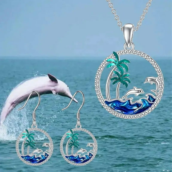 Alloy Pendant Necklaces & Stud Dangle Earrings sets Platinum Dolphin 470mm