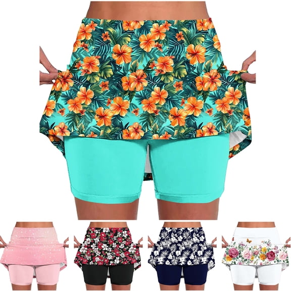 Feancey Athletic Skorts for Women Plus Size Casual Floral Tennis Skirts with Built in Shorts and Pockets Tummy Control High Waist Yoga Skort White L