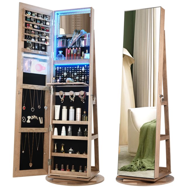 LVSOMT 360° Rotating LED Jewelry Armoire with Full Length Mirror, Jewelry Cabinet Large Standing Lockable Mirror Jewelry Organizer with Inner Makeup Mirror & Soft Velvet for Living Room Bedroom