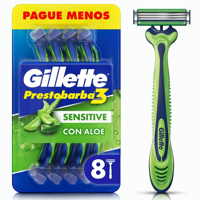 Rastrillo Gillette Prestobarba3 Sensitive con Aloe Vera, Piel Sensible, 8 pzas