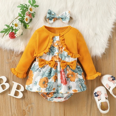 

PatPat 2-piece Baby Girl Ruffled Floral Print Faux-two Long-sleeve Romper and Headband set