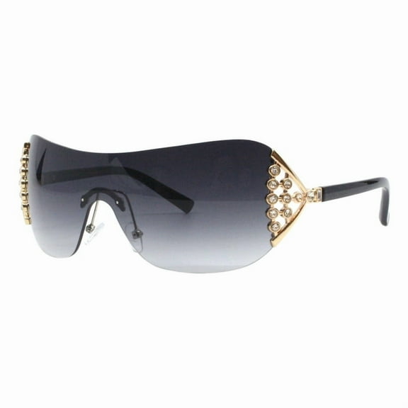 Women's Rimless Shield Sunglasses Rhinestones Sides UV400 Smoke