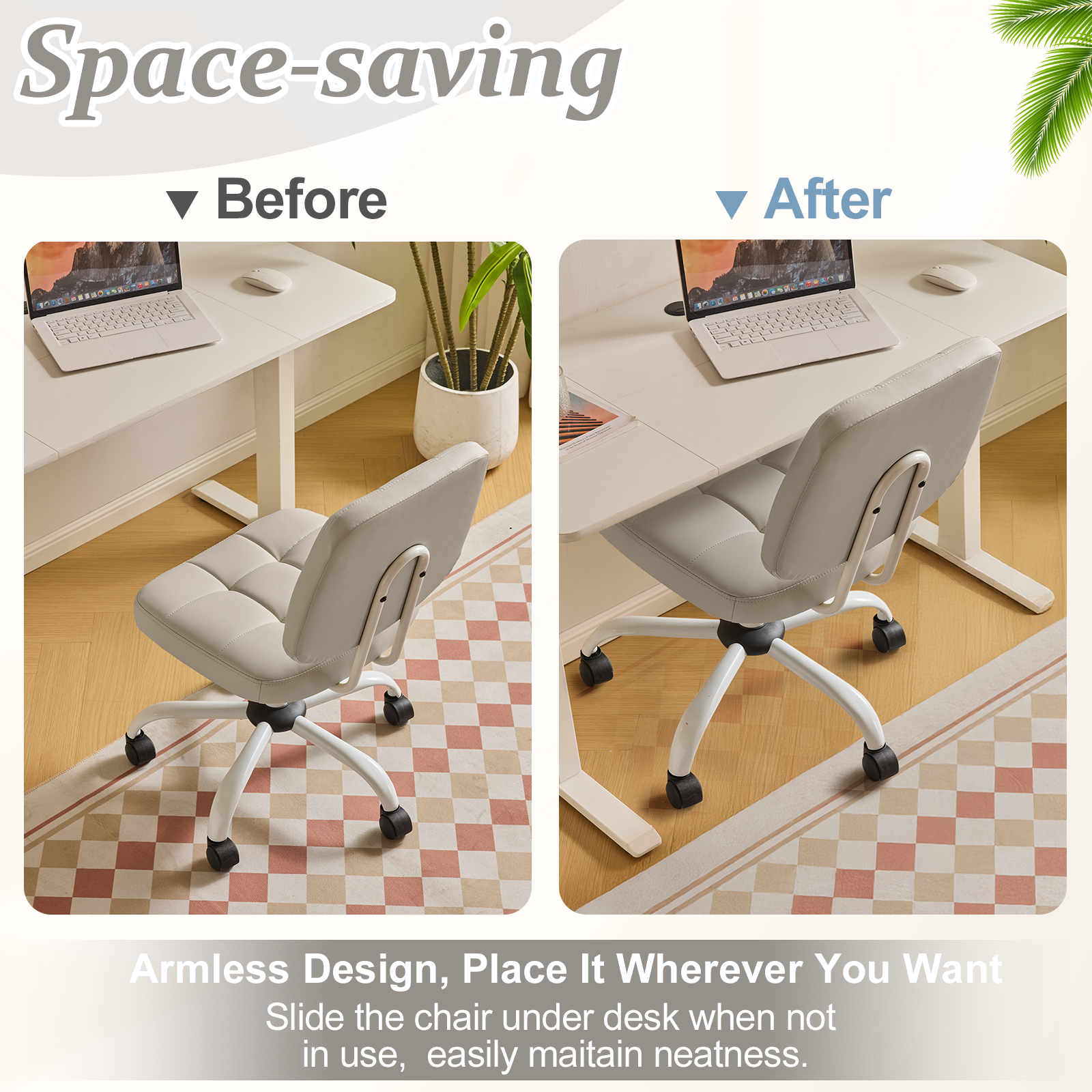 Ktaxon Armless Office Chair with Star Base PU Swivel Task Chair with 9-Grid Design for Study Room or Dressing Area Light Gray