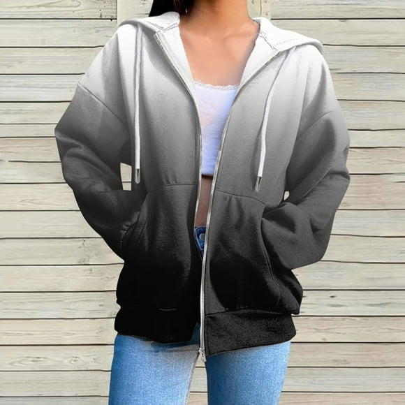 Women Casual Full Zip Up Hoodie Comfy Loose Solid Sweatshirt Long Sleeve Jacket with Pockets, M