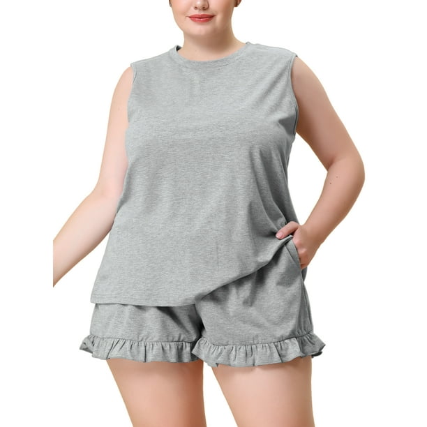 Conjunto de pijama de 2 piezas para mujeres de tallas grandes Agnes Orinda para el Día de la Madre, cómodo, con volantes, sin mangas, top de tanque con pantalones cortos 1X gris