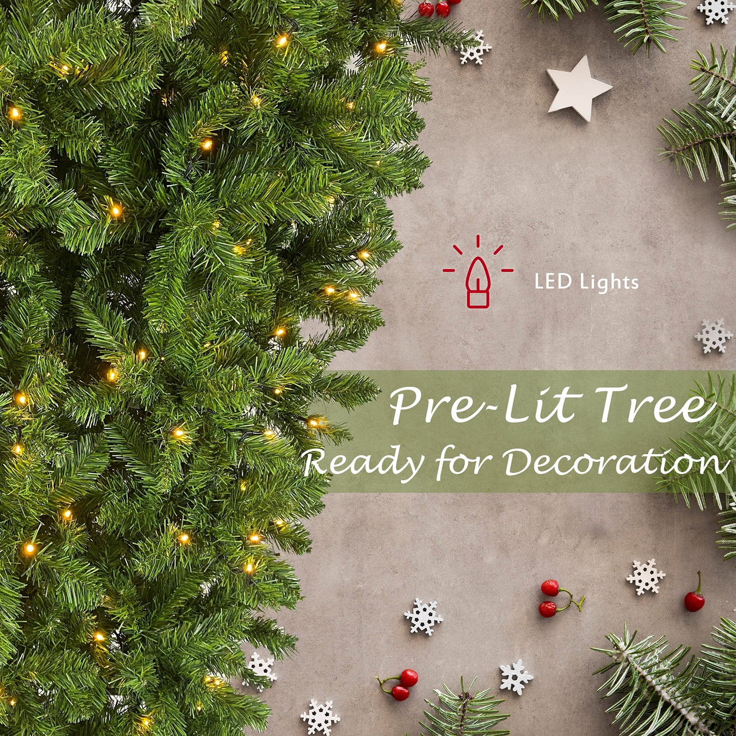 Kadyn Upside Down Green Christmas Tree, Xmas Tree with LED Warm White Lights, Reinforced Metal Base & Easy Assembly 6ft, w/1,000 Lush Branch Tips, 360 LED Lights X-mas