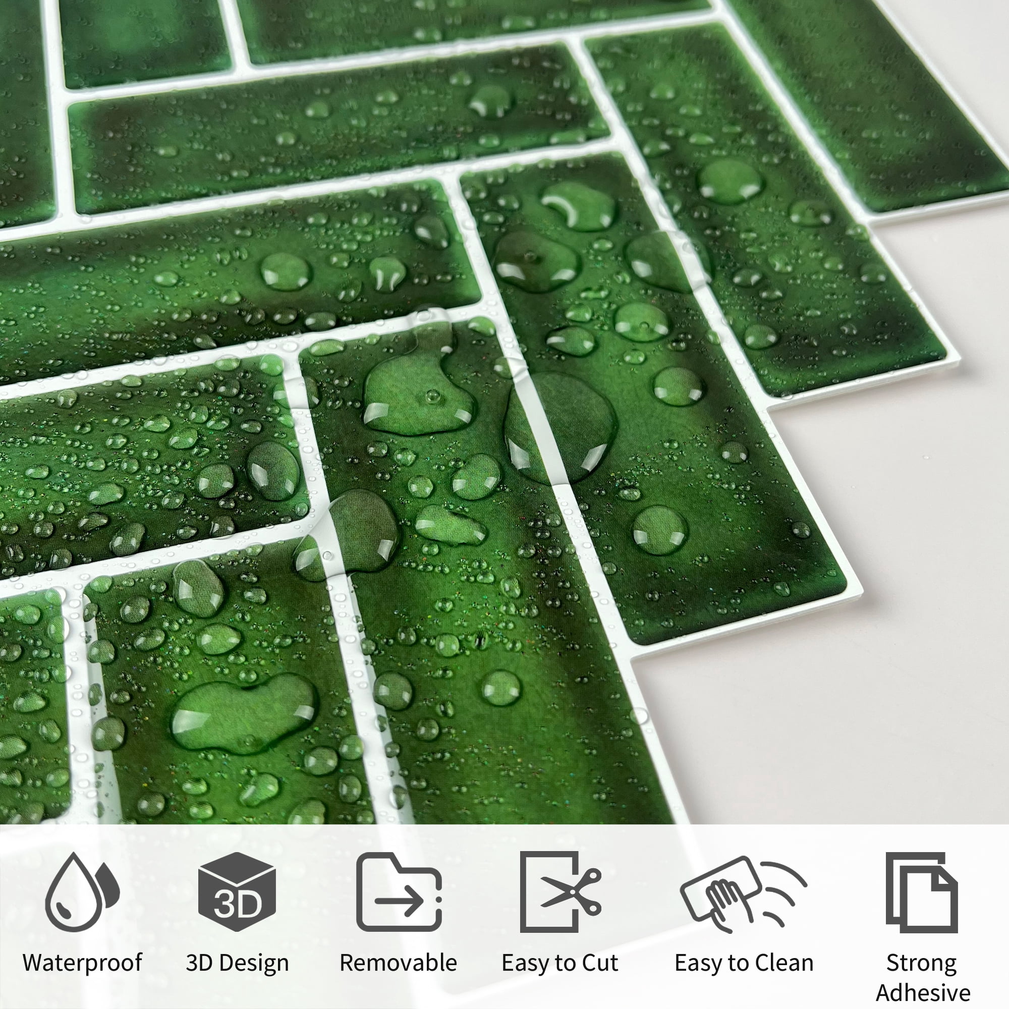 Herringbone Peel and Stick Backsplash, 10-Sheet Self Adhesive Stick on Wall Tiles for Kitchen Bathroom (Green)