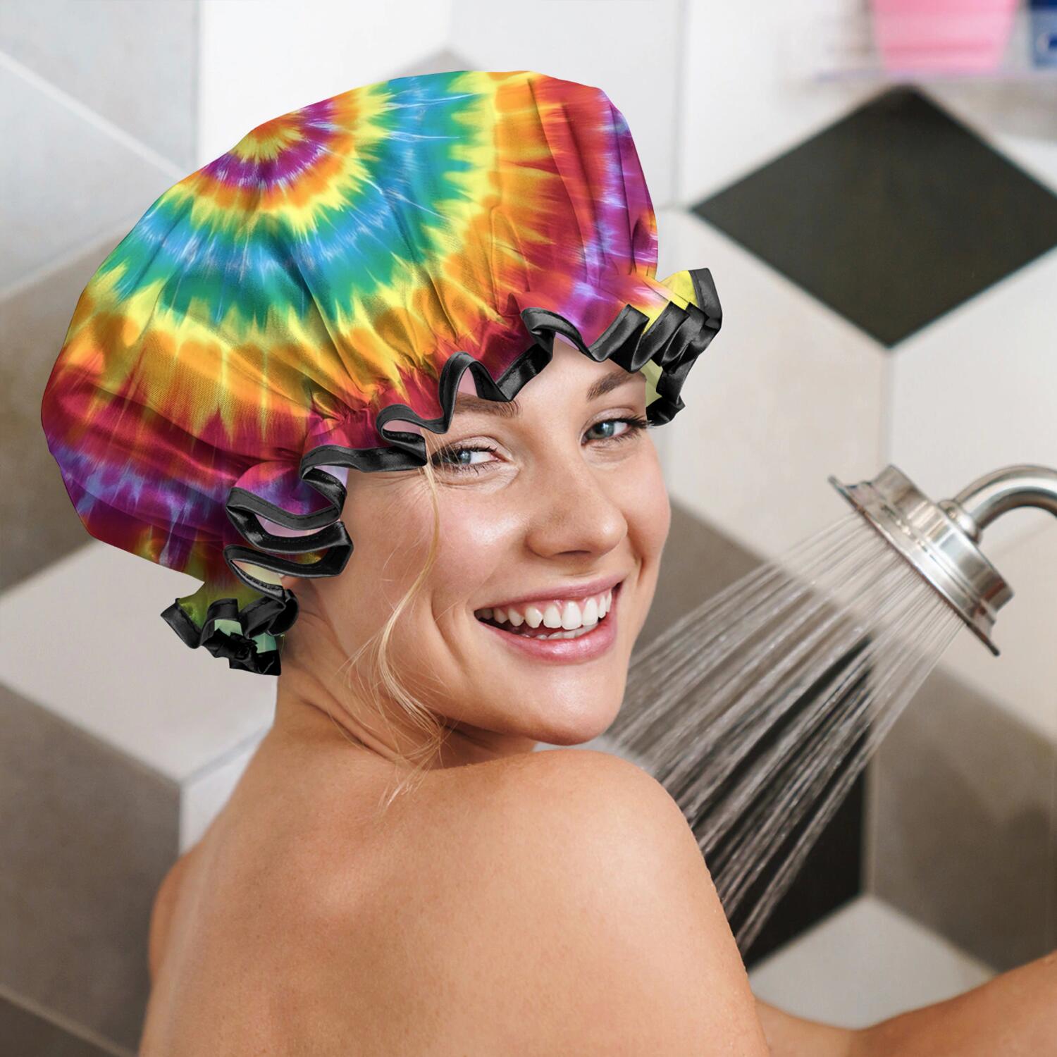 Shower Caps,Colorful Rainbow Tie Dye Spiral Pattern Waterproof Shower Cap for Women 4 Pieces,Double Reusable Hair Cover for Shower PEVA Elastic Stretch Hem