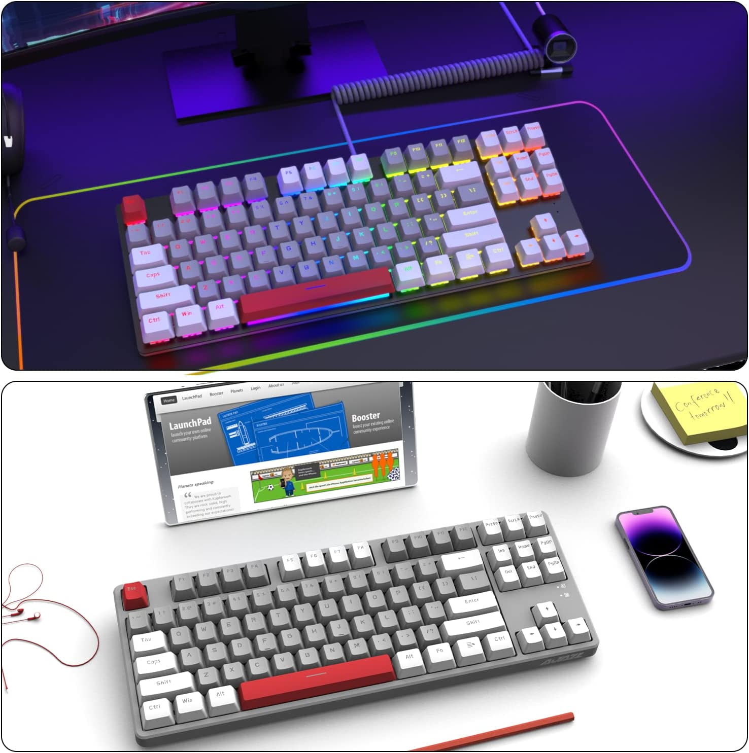 Ajazz AK873 Wired Hot Swappable Mechanical Keyboard, Coiled Cable, 22 RGB Backlit, Classic 3 Color PBT Floating Keycaps, 87% Keyboard with Detachable Magnet Cover, Custom DIY Keyboard